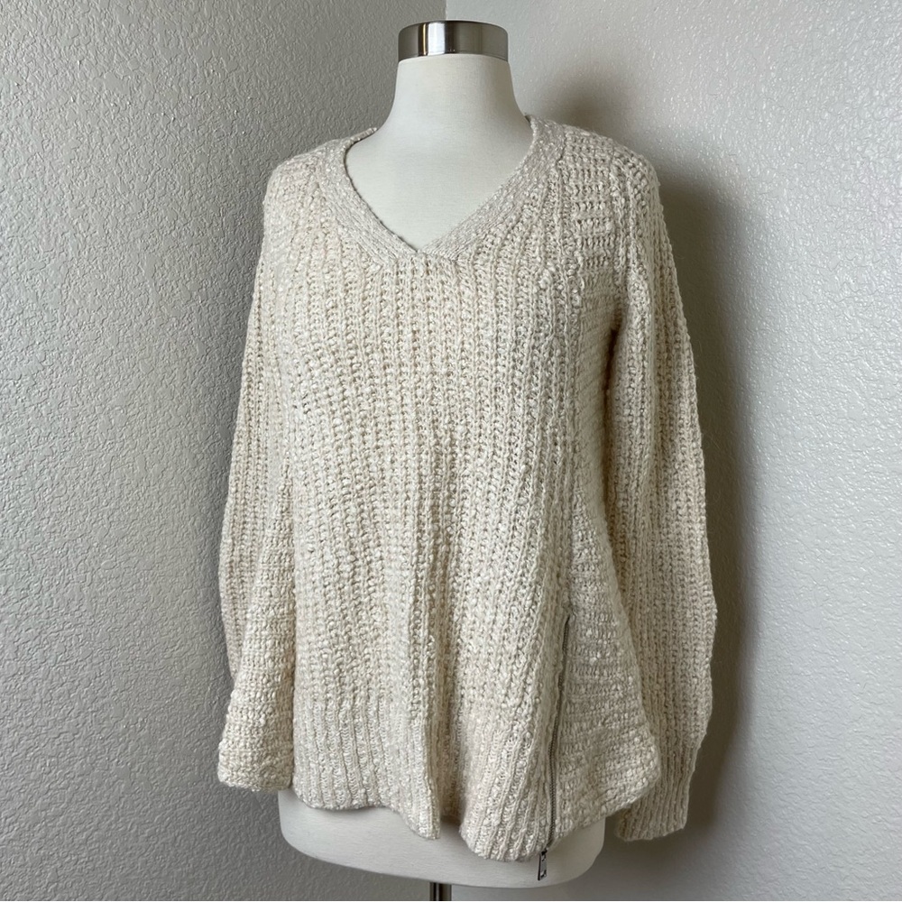 Anthropologie Moth Alpaca Wool Blend Cream Chunky Knit Zipper Sweater